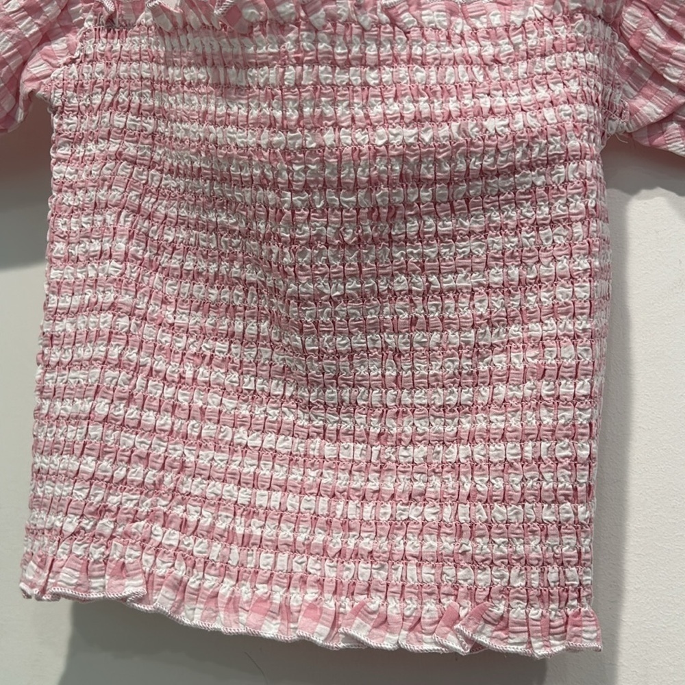 Chaser pink white gingham print puff statements sleeve smocked top small women’s - Picture 3 of 4